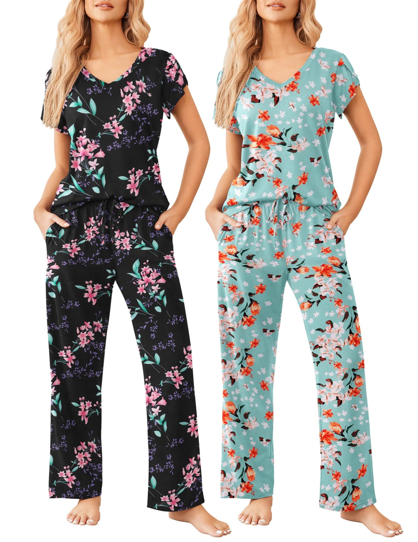 2 Pack Womens Pajamas Short Sleeve Sleepwear Top with Pants Super-Soft Printed Lounge Sets S-XXL