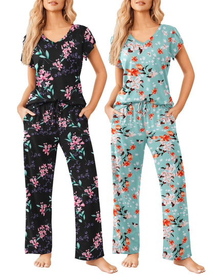 2 Pack Womens Pajamas Short Sleeve Sleepwear Top with Pants Super-Soft Printed Lounge Sets S-XXL