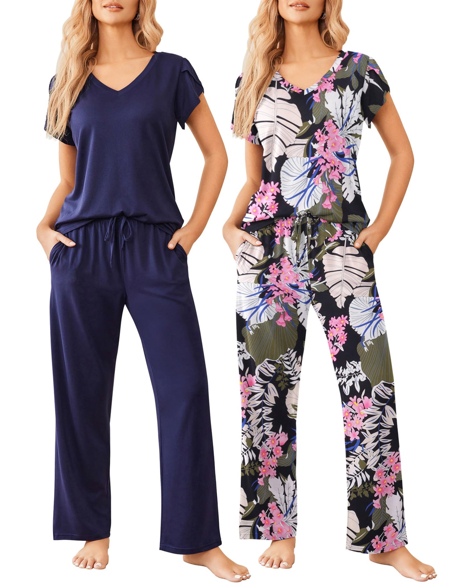 2 Pack Womens Pajamas Short Sleeve Sleepwear Top with Pants Super-Soft Printed Lounge Sets S-XXL