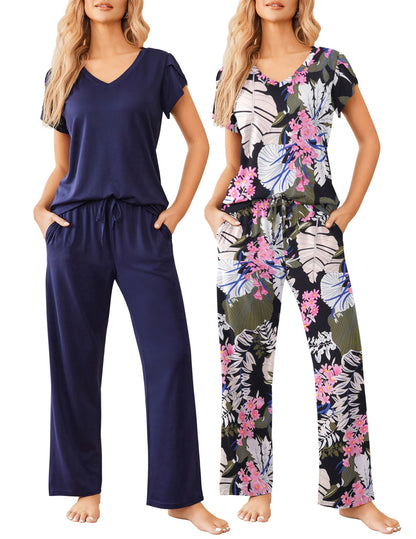 2 Pack Womens Pajamas Short Sleeve Sleepwear Top with Pants Super-Soft Printed Lounge Sets S-XXL
