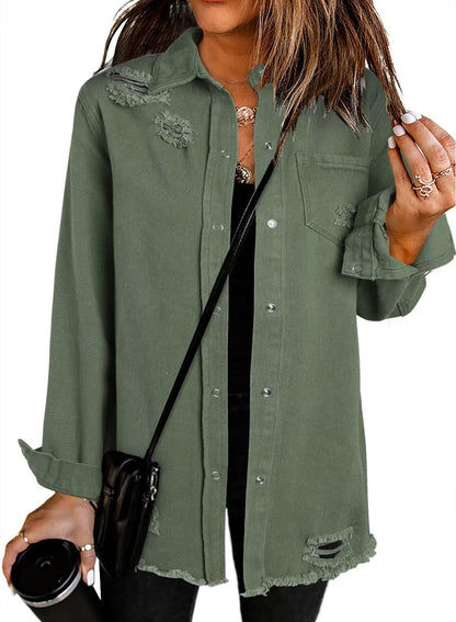 Women's Oversized Denim Jacket Casual Long Sleeve Denim Shirts Distresse Jean Jacket
