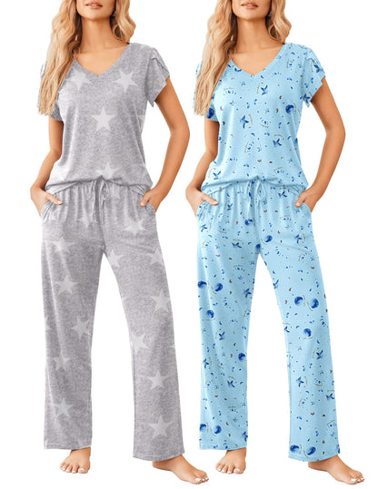 2 Pack Womens Pajamas Short Sleeve Sleepwear Top with Pants Super-Soft Printed Lounge Sets S-XXL