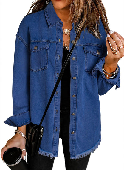 Women's Oversized Denim Jacket Casual Long Sleeve Denim Shirts Distresse Jean Jacket
