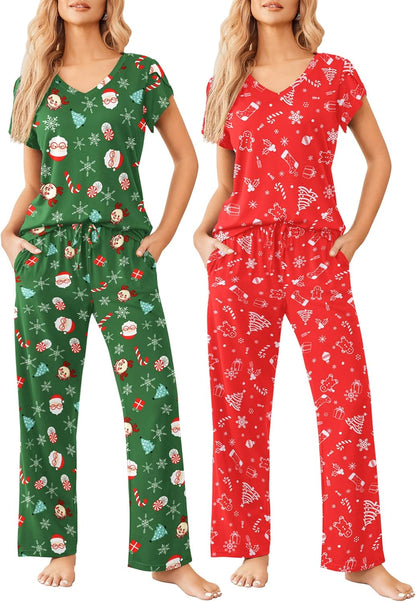 2 Pack Womens Pajamas Short Sleeve Sleepwear Top with Pants Super-Soft Printed Lounge Sets S-XXL