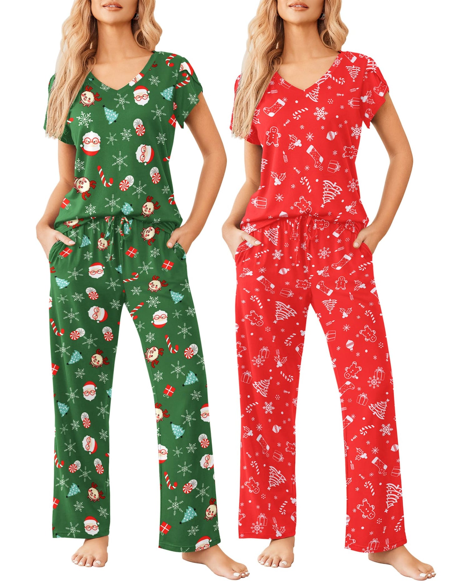 2 Pack Womens Pajamas Short Sleeve Sleepwear Top with Pants Super-Soft Printed Lounge Sets S-XXL