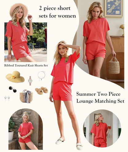 Women 2 Piece Shorts Set 2026 Casual Summer Cruise Outfits Ribbed Loose Short Sleeve Pocket Matching Lounge Sets