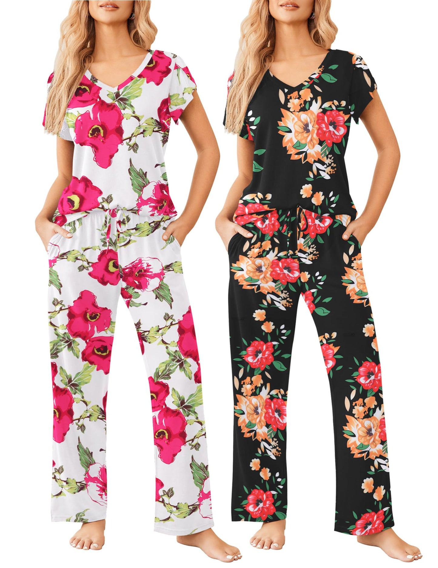 2 Pack Womens Pajamas Short Sleeve Sleepwear Top with Pants Super-Soft Printed Lounge Sets S-XXL