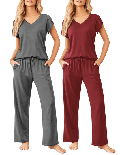 2 Pack Womens Pajamas Short Sleeve Sleepwear Top with Pants Super-Soft Printed Lounge Sets S-XXL