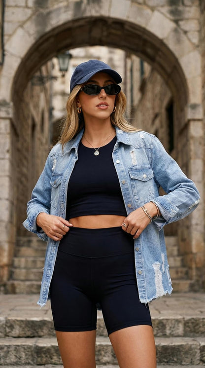 Women's Oversized Denim Jacket Casual Long Sleeve Denim Shirts Distresse Jean Jacket