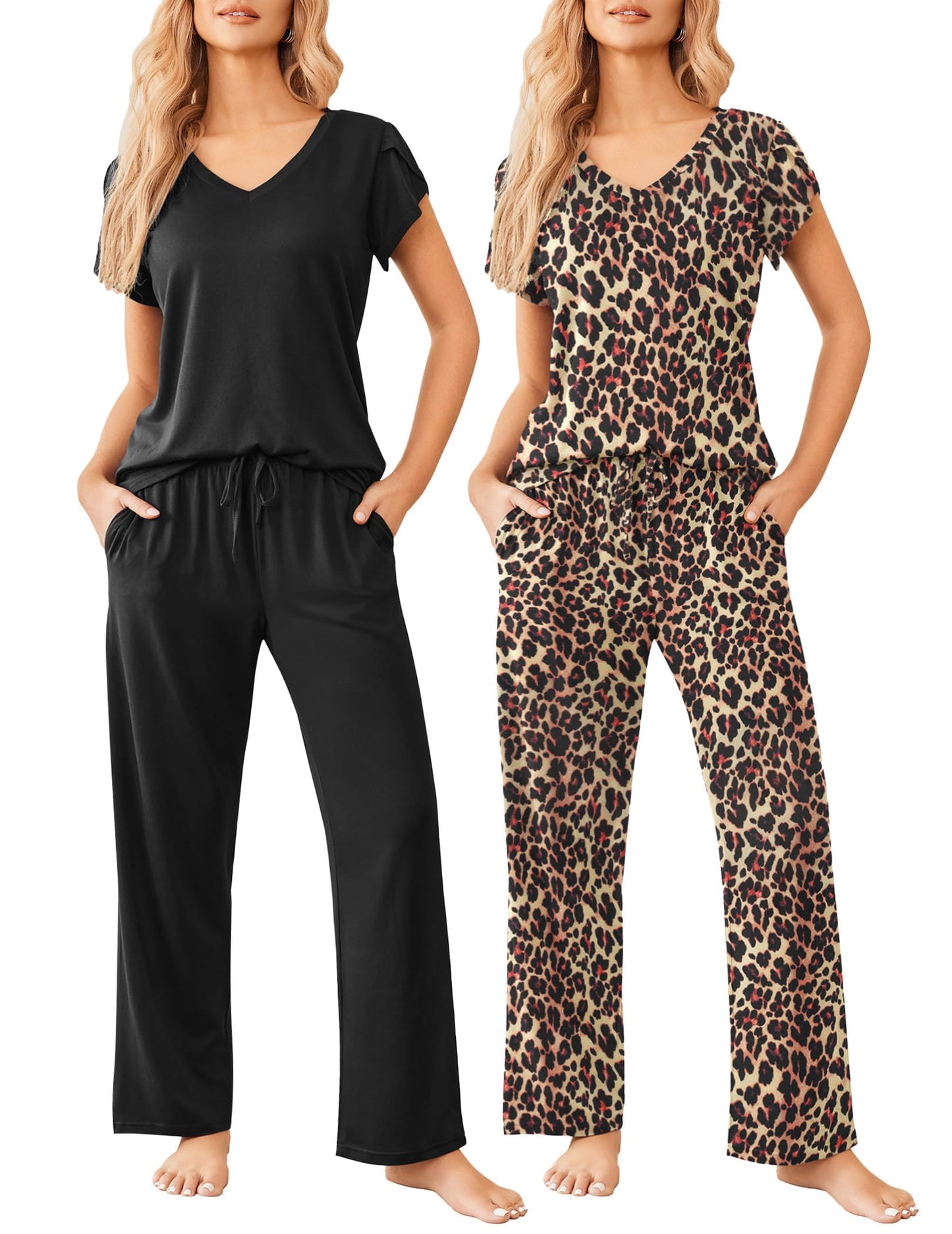 2 Pack Womens Pajamas Short Sleeve Sleepwear Top with Pants Super-Soft Printed Lounge Sets S-XXL