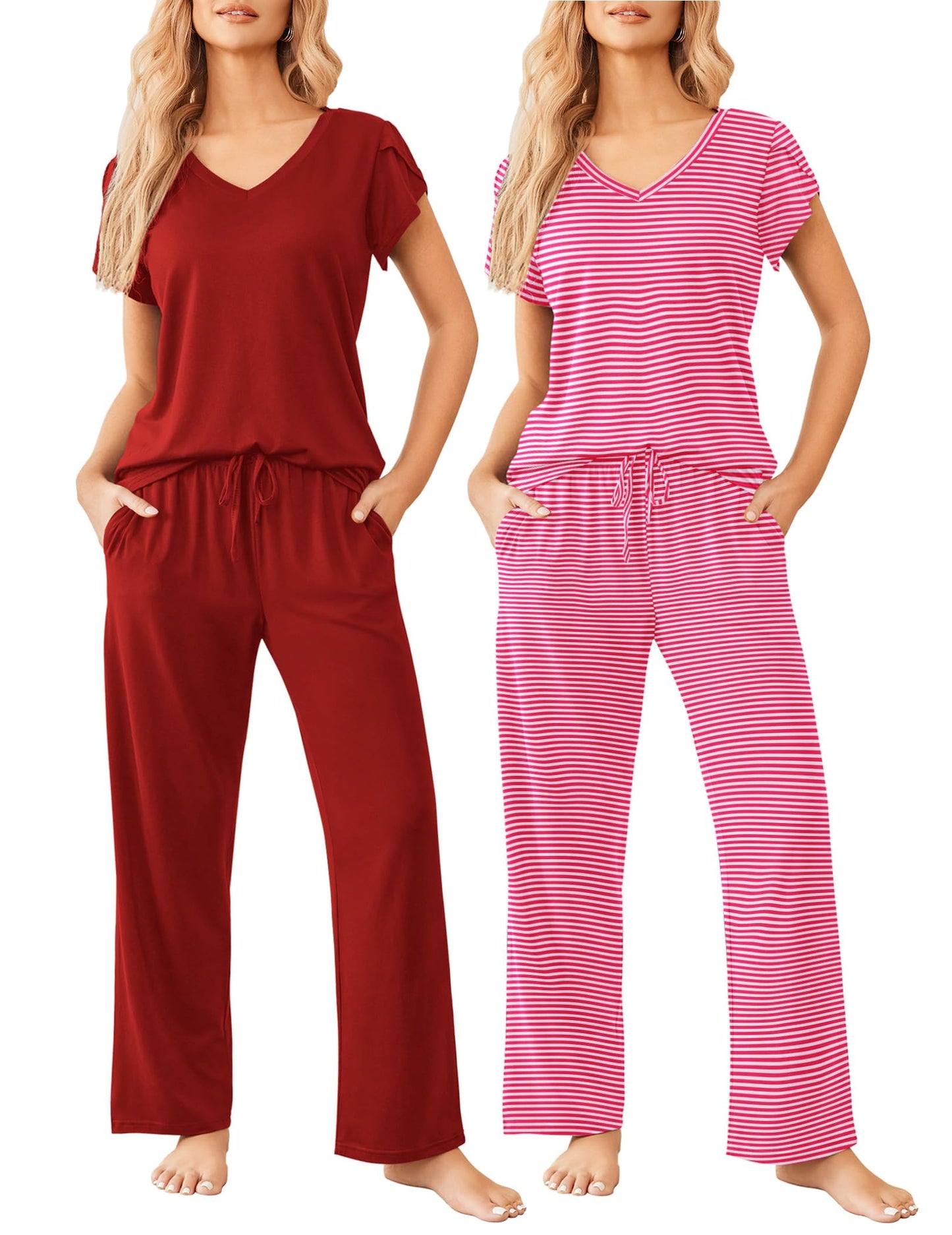 2 Pack Womens Pajamas Short Sleeve Sleepwear Top with Pants Super-Soft Printed Lounge Sets S-XXL