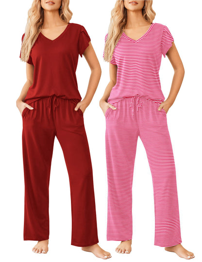 2 Pack Womens Pajamas Short Sleeve Sleepwear Top with Pants Super-Soft Printed Lounge Sets S-XXL