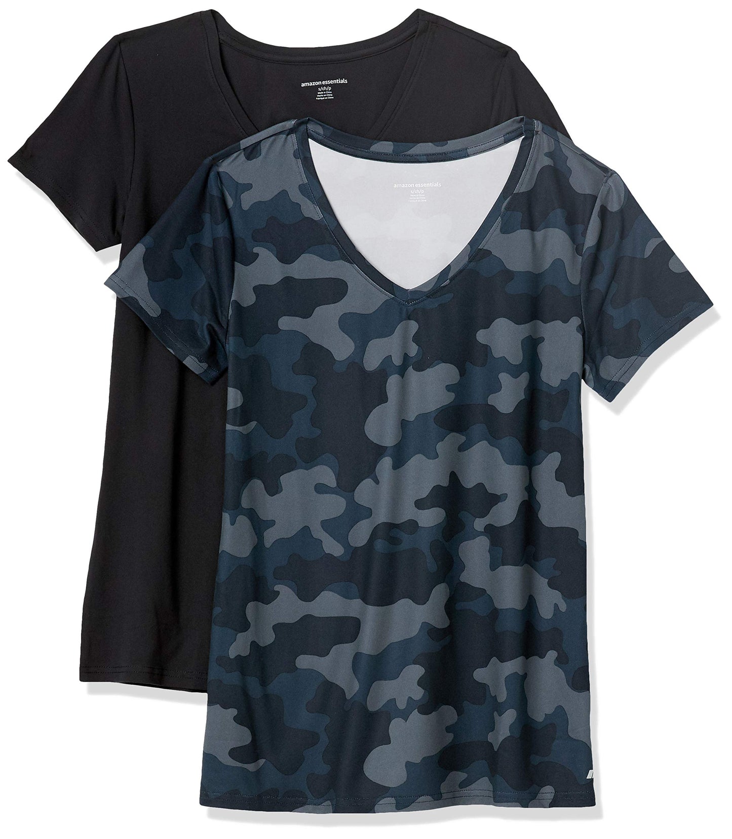 Amazon Essentials Women's Active Quick Dry Tech Stretch Short-Sleeve V-Neck T-Shirt (Available in Plus Size), Pack of 2