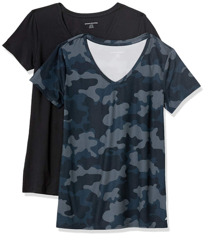 Amazon Essentials Women's Active Quick Dry Tech Stretch Short-Sleeve V-Neck T-Shirt (Available in Plus Size), Pack of 2