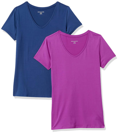Amazon Essentials Women's Active Quick Dry Tech Stretch Short-Sleeve V-Neck T-Shirt (Available in Plus Size), Pack of 2