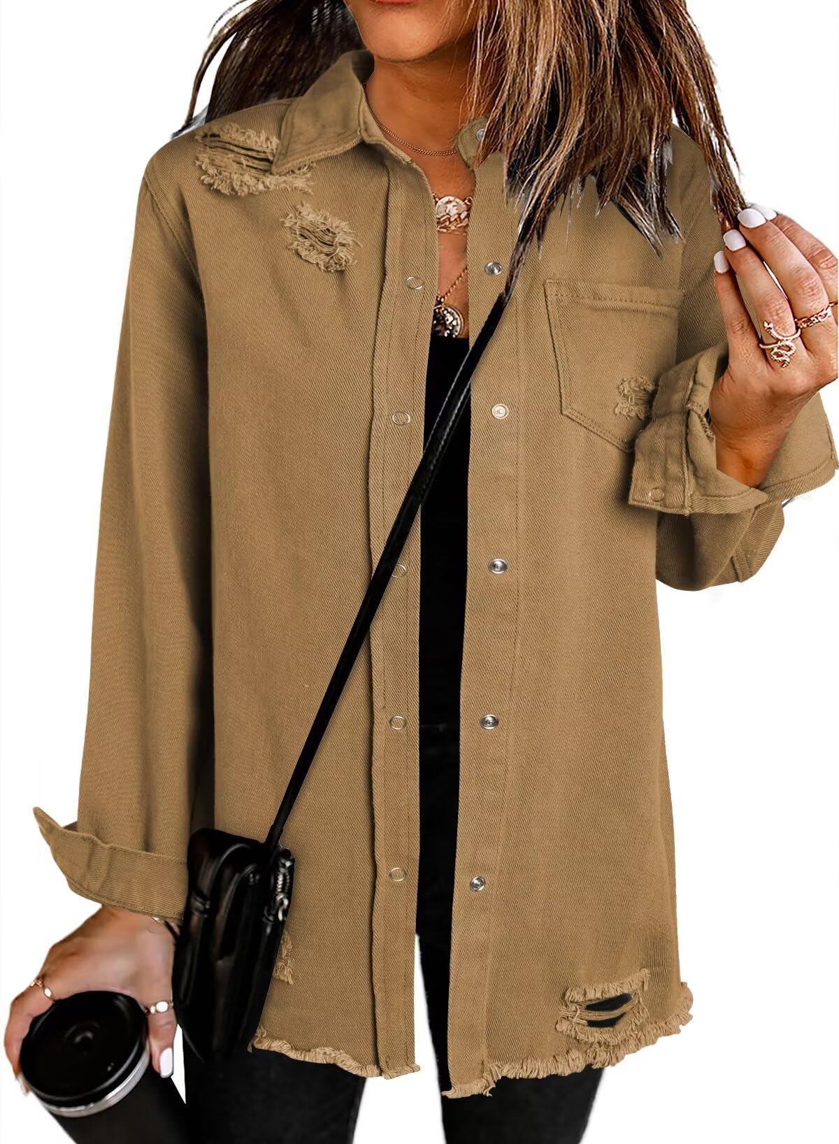 Women's Oversized Denim Jacket Casual Long Sleeve Denim Shirts Distresse Jean Jacket