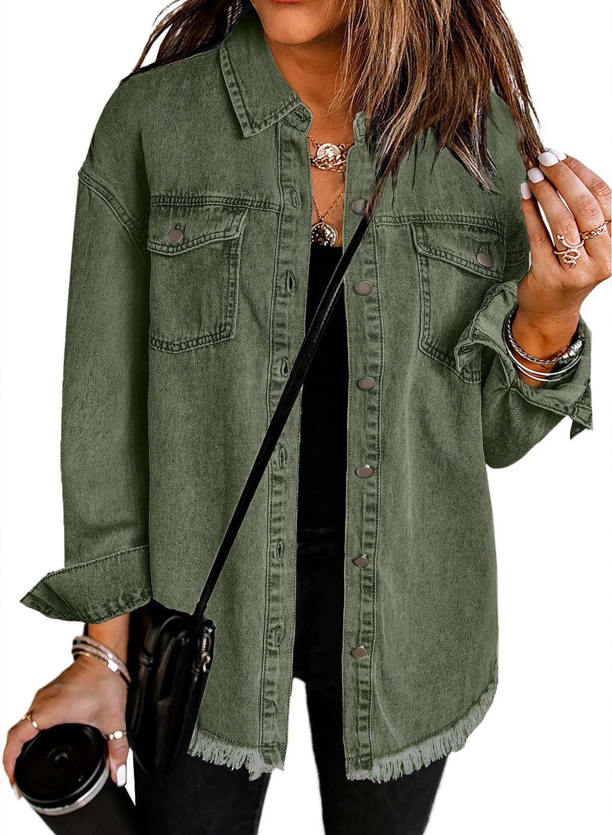 Women's Oversized Denim Jacket Casual Long Sleeve Denim Shirts Distresse Jean Jacket