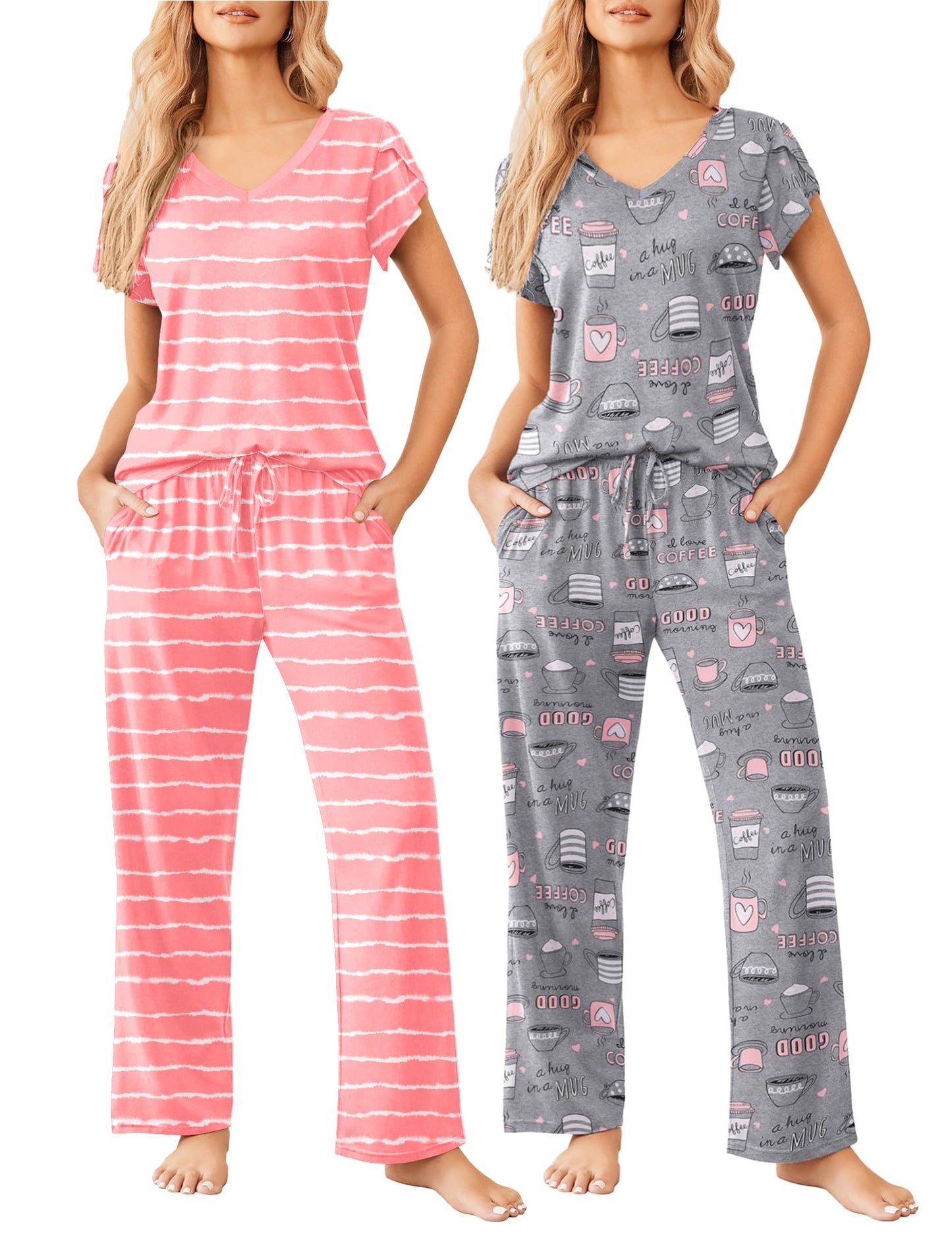 2 Pack Womens Pajamas Short Sleeve Sleepwear Top with Pants Super-Soft Printed Lounge Sets S-XXL