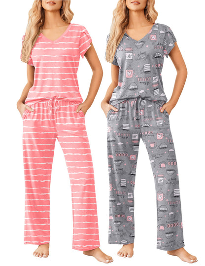 2 Pack Womens Pajamas Short Sleeve Sleepwear Top with Pants Super-Soft Printed Lounge Sets S-XXL