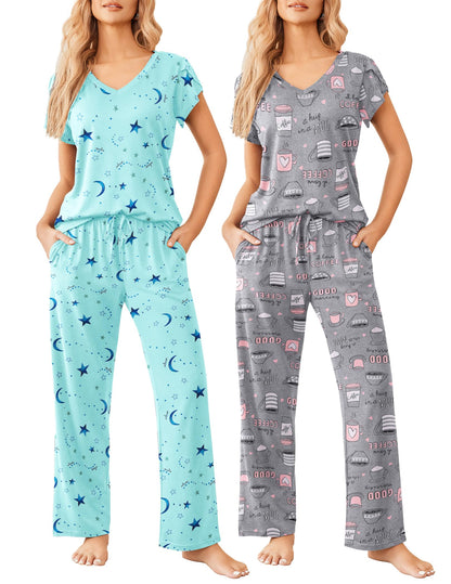 2 Pack Womens Pajamas Short Sleeve Sleepwear Top with Pants Super-Soft Printed Lounge Sets S-XXL