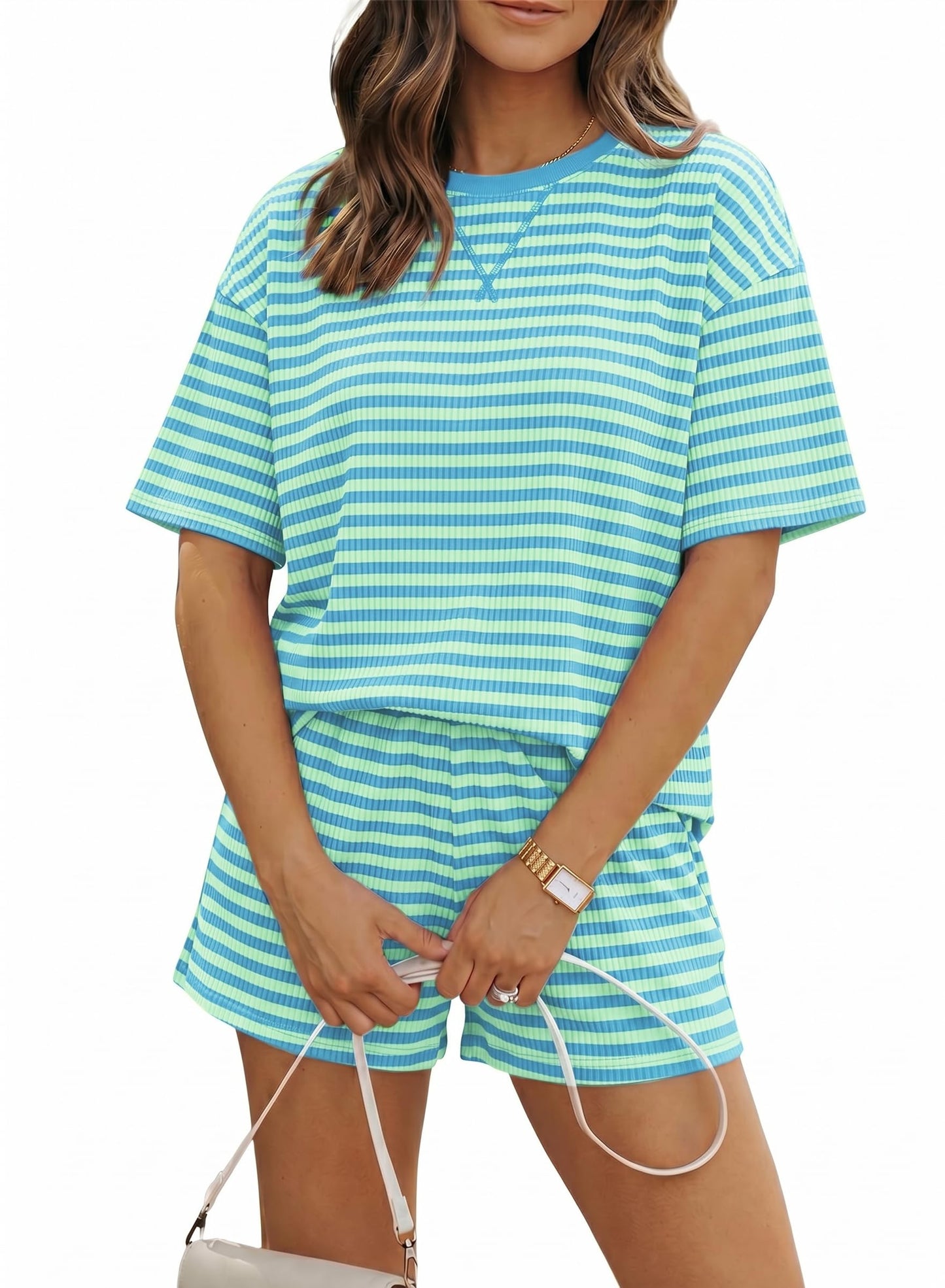 Women 2 Piece Shorts Set 2026 Casual Summer Cruise Outfits Ribbed Loose Short Sleeve Pocket Matching Lounge Sets