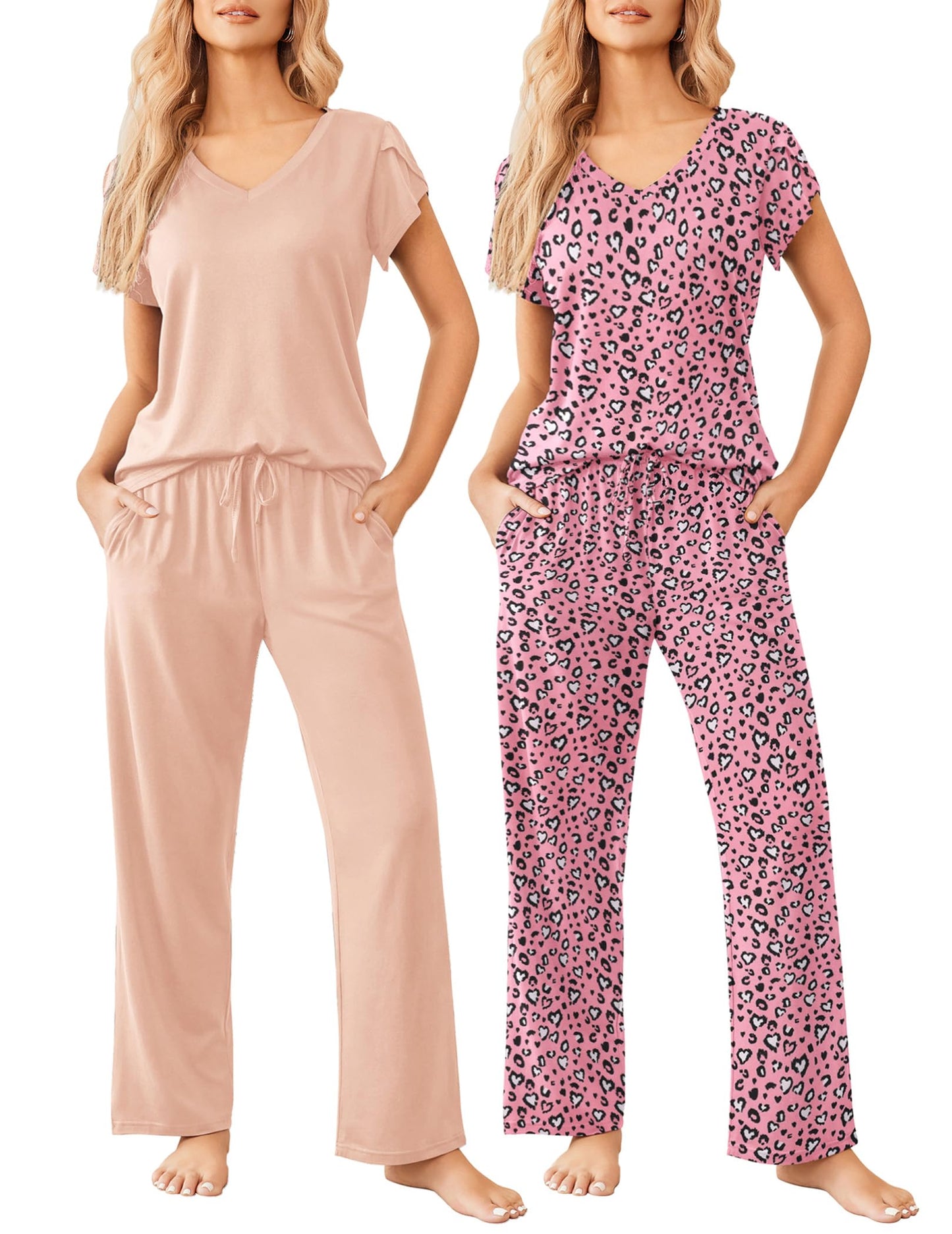 2 Pack Womens Pajamas Short Sleeve Sleepwear Top with Pants Super-Soft Printed Lounge Sets S-XXL