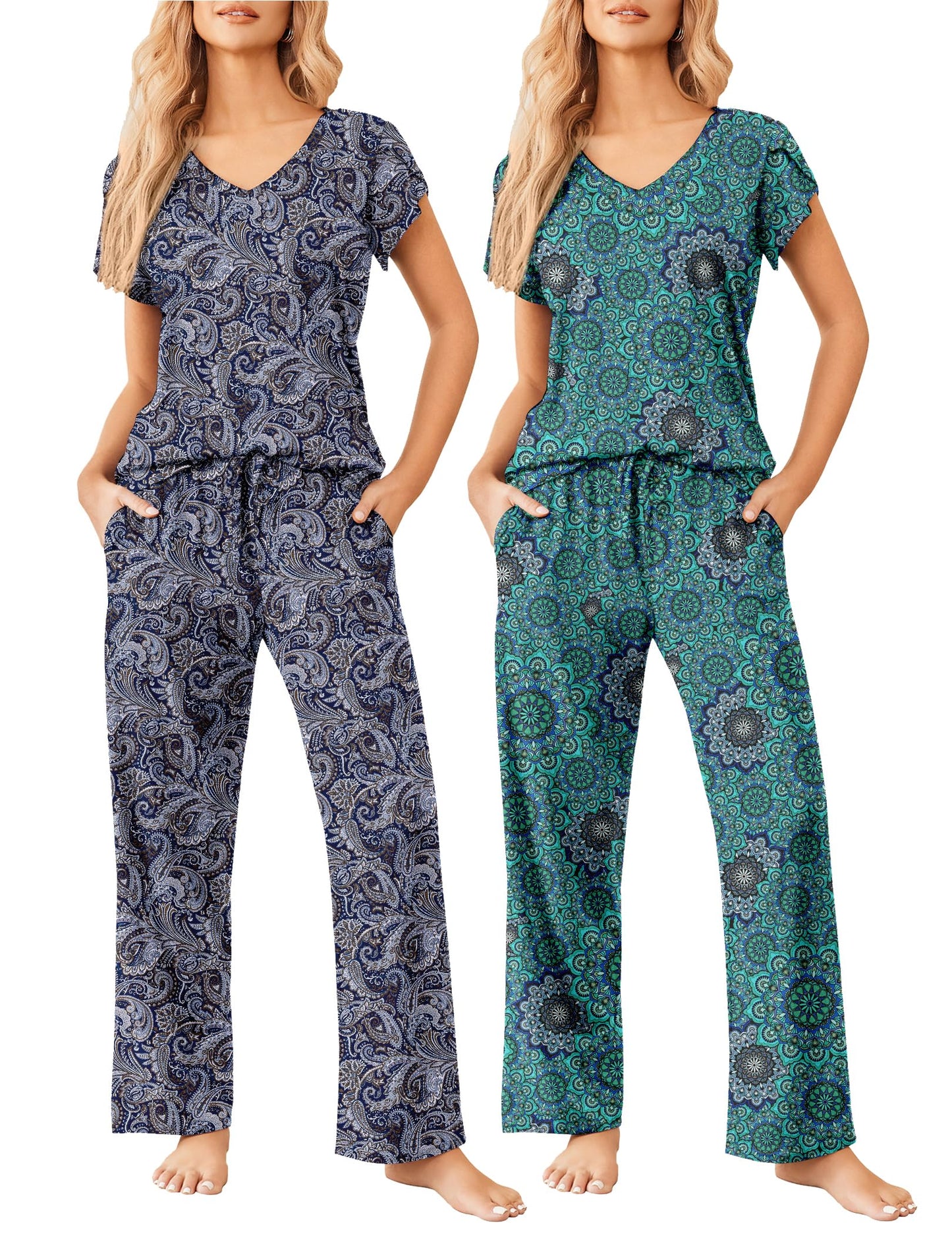 2 Pack Womens Pajamas Short Sleeve Sleepwear Top with Pants Super-Soft Printed Lounge Sets S-XXL