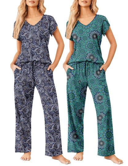 2 Pack Womens Pajamas Short Sleeve Sleepwear Top with Pants Super-Soft Printed Lounge Sets S-XXL