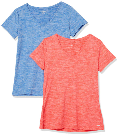 Amazon Essentials Women's Active Quick Dry Tech Stretch Short-Sleeve V-Neck T-Shirt (Available in Plus Size), Pack of 2