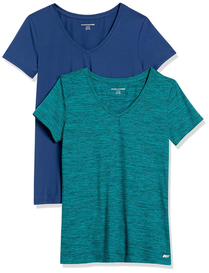 Amazon Essentials Women's Active Quick Dry Tech Stretch Short-Sleeve V-Neck T-Shirt (Available in Plus Size), Pack of 2