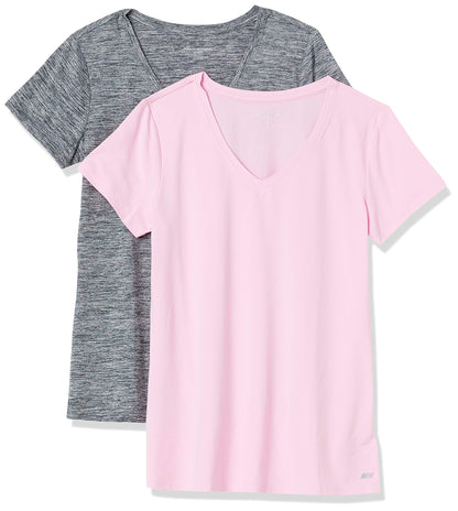 Amazon Essentials Women's Active Quick Dry Tech Stretch Short-Sleeve V-Neck T-Shirt (Available in Plus Size), Pack of 2