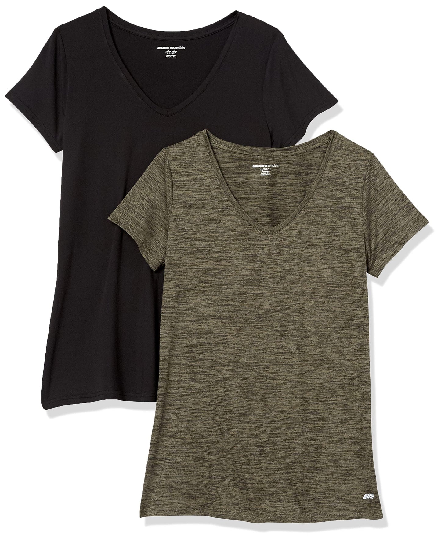 Amazon Essentials Women's Active Quick Dry Tech Stretch Short-Sleeve V-Neck T-Shirt (Available in Plus Size), Pack of 2