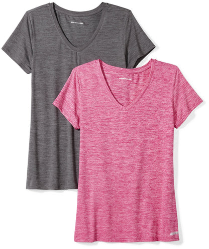 Amazon Essentials Women's Active Quick Dry Tech Stretch Short-Sleeve V-Neck T-Shirt (Available in Plus Size), Pack of 2
