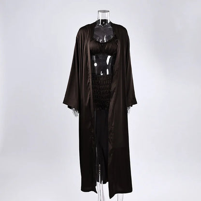 Hiloc Sexy Brown Ruched Camisole Pajama 3 Piece Set Loose Flare Sleeve Ankle-Length Robe Suits Sense Of Design Woman Shorts Sets