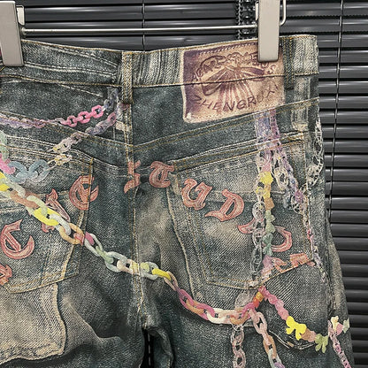 DEAT Fashion Women's 3D Chain Printed Contrast Color Jeans Niche Design High Waist Casual Denim Pants Female Trendy 11A04071