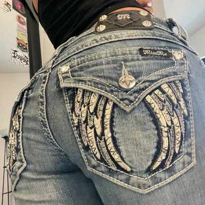 Streetwear Vintage Jeans Y2K Clothes Womens Vintage Pocket Sequin Washed Blue Baggy Jeans Mid Rise Slim Fit Trousers