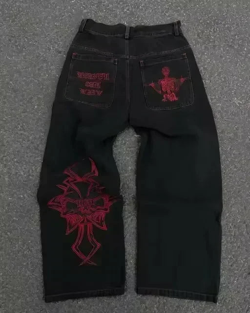 American Vintage Y2K Rhinestone Wing Embroidered Jeans Womens Blue Low Rise Flared Denim Pants with Studded Pockets Streetwear