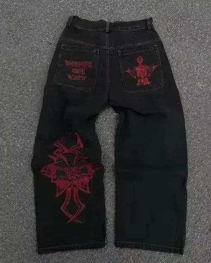 American Vintage Y2K Rhinestone Wing Embroidered Jeans Womens Blue Low Rise Flared Denim Pants with Studded Pockets Streetwear