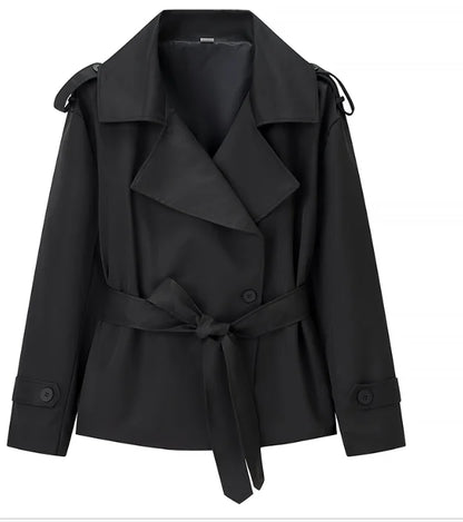 Solid Laepl Lace Up Trench Coat Women Fashion Full Sleeve Waist Cinching Short Windbreak 2026 New Autumn Office Commute Outwear