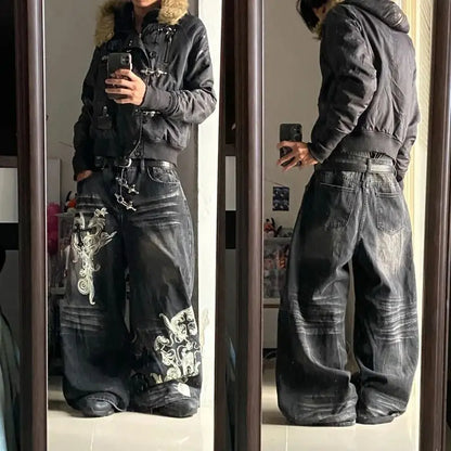 2024 New American Trend Retro Hip-hop Embroidery Pattern Baggy Jeans For Men And Women Y2K Harajuku Gothic Wide Pants Streetwear