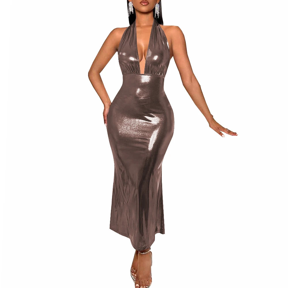 Plus Size Liquid Metallic Halter Dress Ladies Deep V-neck Club Beach Long Dresses Sexy Off-shoulder Backless Suspender Robes
