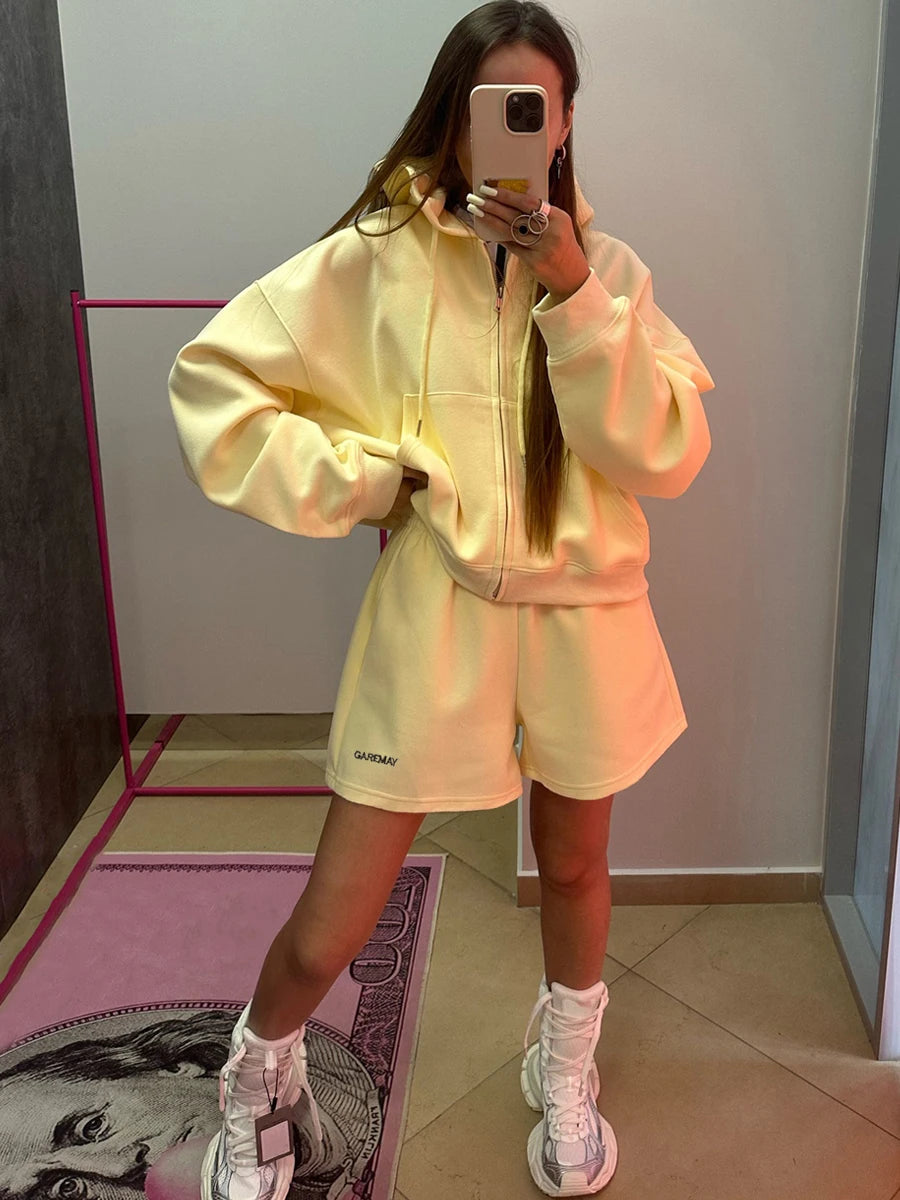 Women's Summer Tracksuit with Shorts Zipper Cotton Oversize Top and Shorts Two Piece Set Casual Sports Yellow Suit for Women