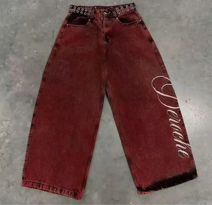 2024 New American Trend Retro Hip-hop Embroidery Pattern Baggy Jeans For Men And Women Y2K Harajuku Gothic Wide Pants Streetwear