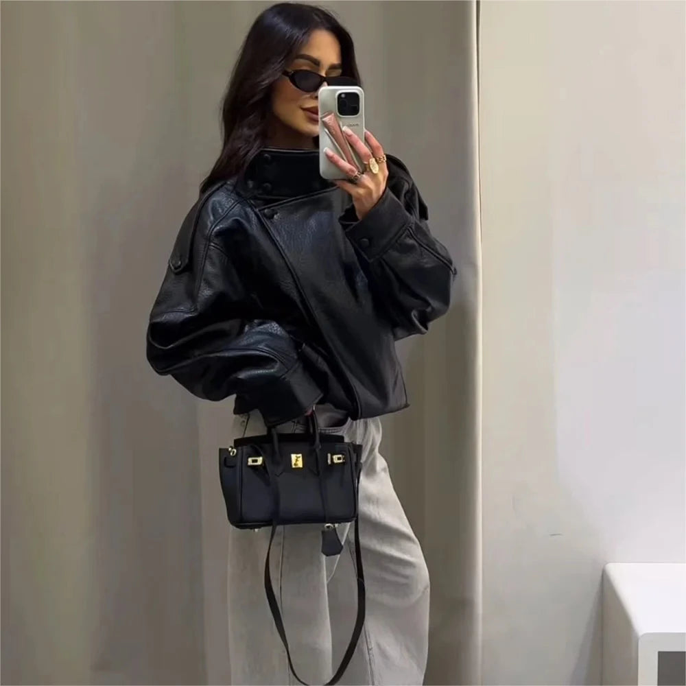 Casual Chic Black Leather Jackets Women Long Sleeve Buttons Elastic Oversized Coats Fashion 2026 Fall Streetwear Coats