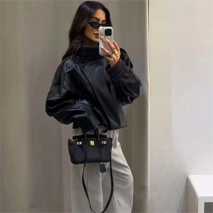 Casual Chic Black Leather Jackets Women Long Sleeve Buttons Elastic Oversized Coats Fashion 2026 Fall Streetwear Coats