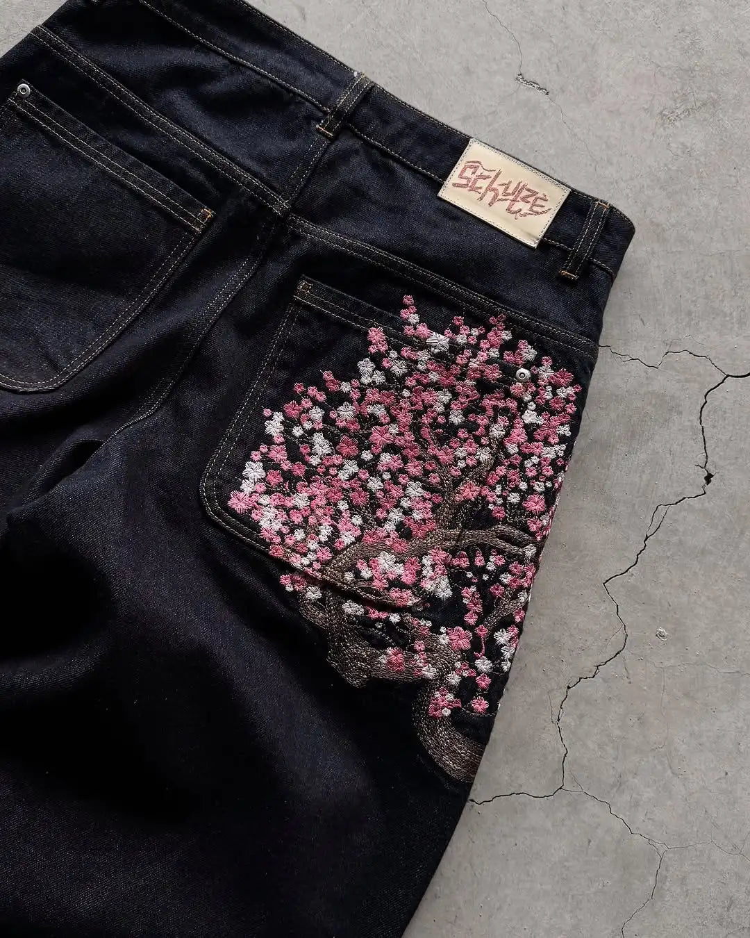 Mens Jeans Sakura Embroidery Slim Straight Light Wash Stretch Cotton Casual Streetwear Daily Wear Multiple Sizes Pants Skinny