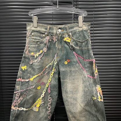 DEAT Fashion Women's 3D Chain Printed Contrast Color Jeans Niche Design High Waist Casual Denim Pants Female Trendy 11A04071