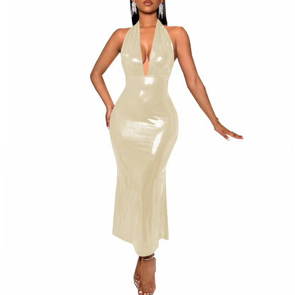 Plus Size Liquid Metallic Halter Dress Ladies Deep V-neck Club Beach Long Dresses Sexy Off-shoulder Backless Suspender Robes