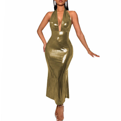 Plus Size Liquid Metallic Halter Dress Ladies Deep V-neck Club Beach Long Dresses Sexy Off-shoulder Backless Suspender Robes