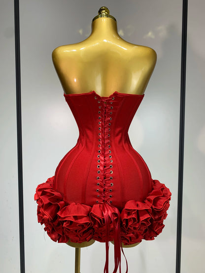 Women Sexy Strapless Backless Flower Embellished Mini Bandage Dress Bodycon Celebrity Party Cocktail Evening Party Club Dresses